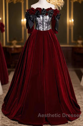 Wine Red Velvet Off Shoulder Party Dresses With Bow, Wine Red Velvet Long Evening Prom Dresses
